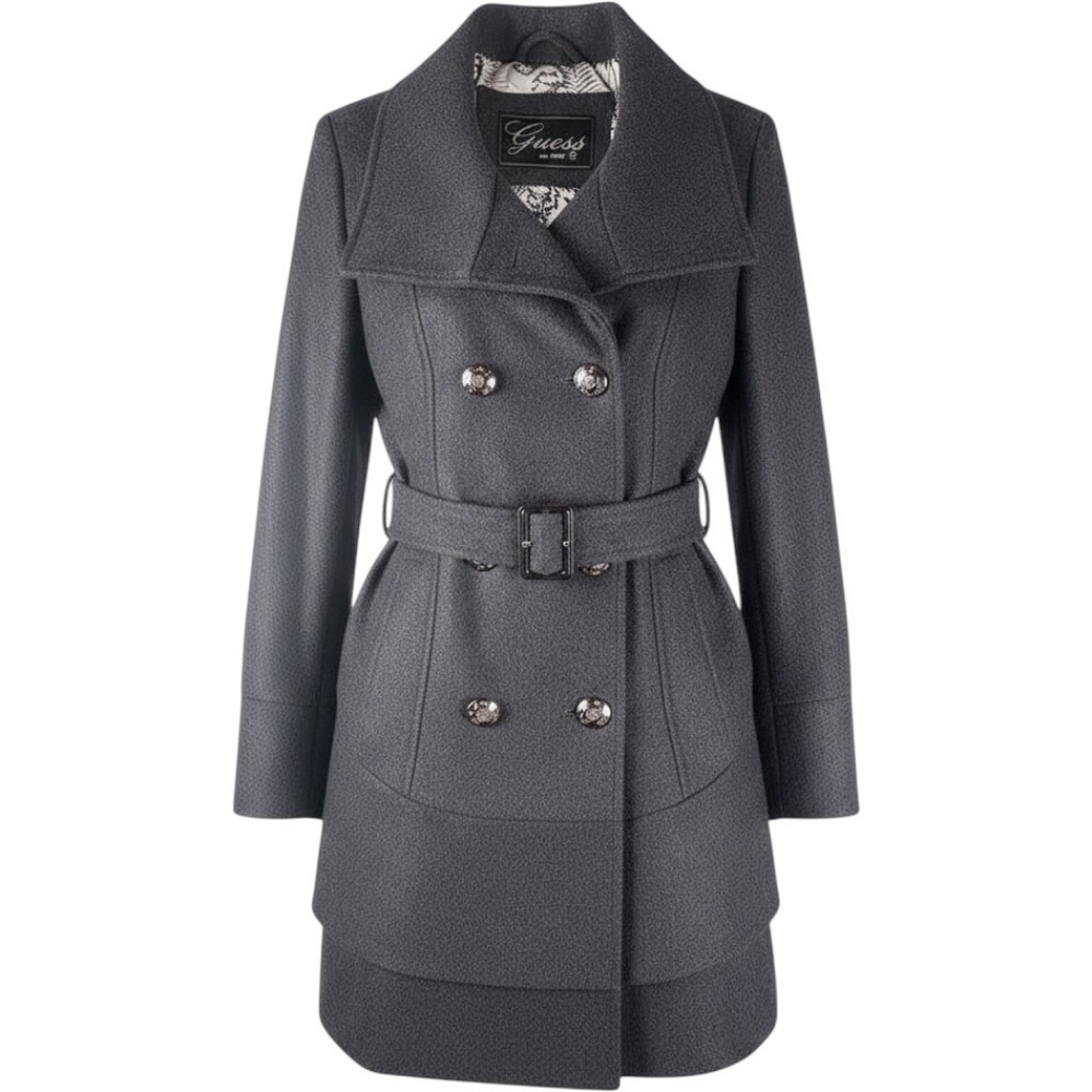 Guess Trench Coat Womens S Gray Wool Blend Ruffle Back Belted Double Breasted